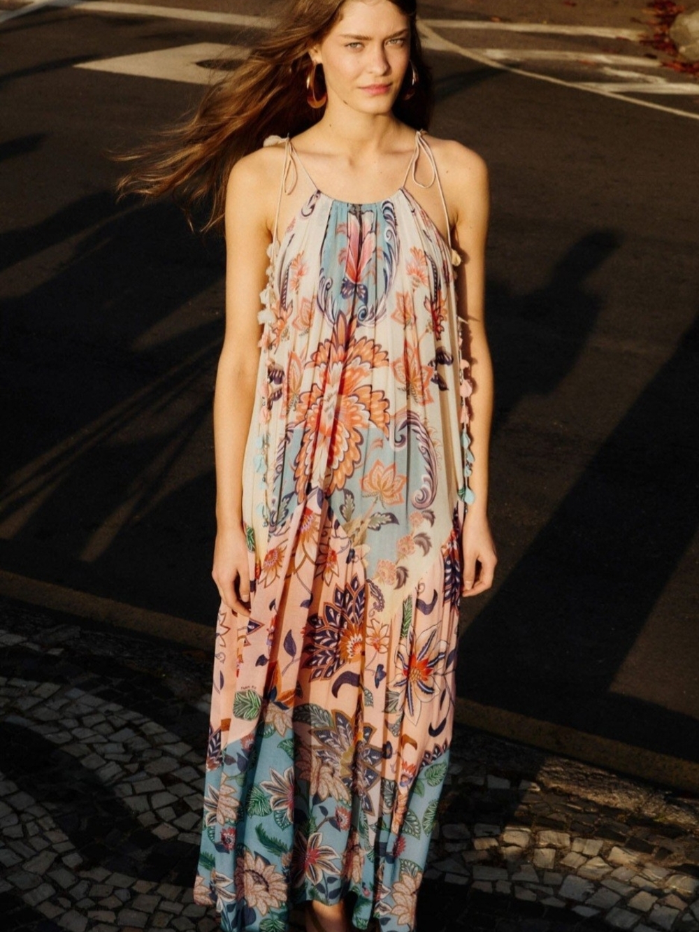 Floral Boho Maxi Dress in Peach and Teal